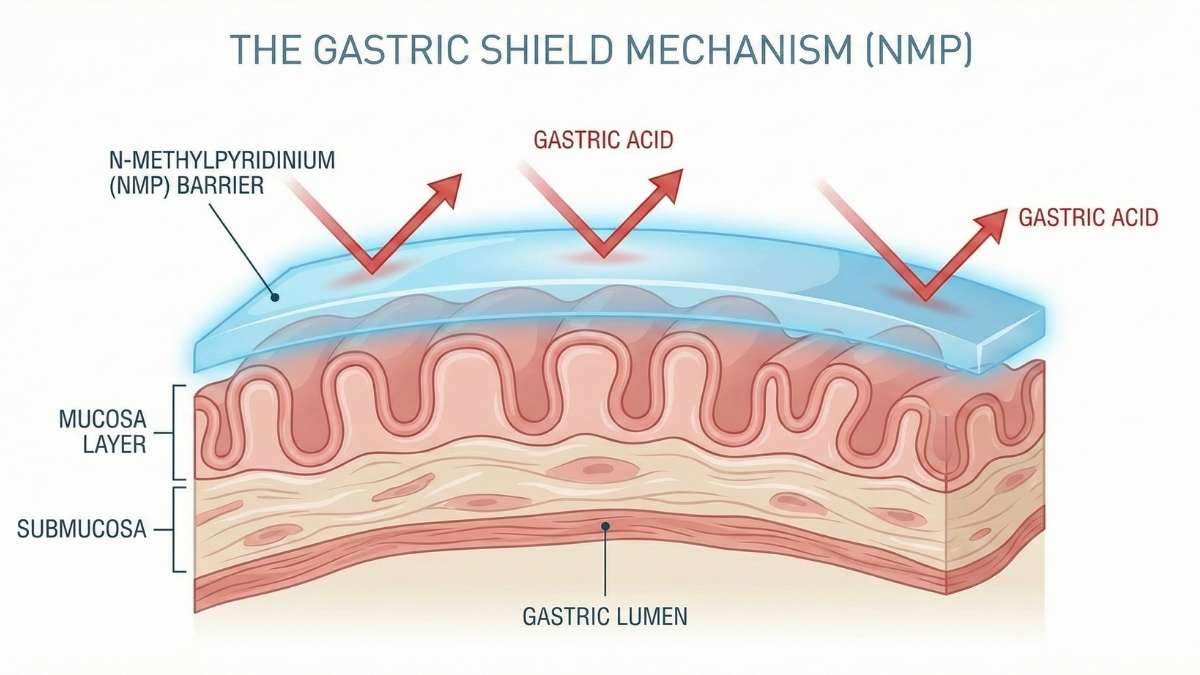 Medical diagram showing N-methylpyridinium blocking stomach acid