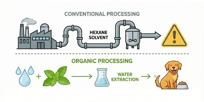 Diagram showing the difference between organic water extraction and chemical solvent extraction for stevia production.