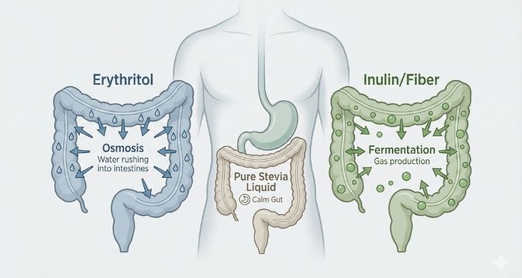 Medical diagram showing how erythritol causes osmotic diarrhea and inulin causes gas compared to pure stevia.