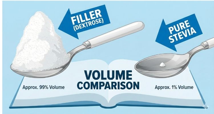 Volume comparison of stevia fillers versus pure stevia leaf extract.