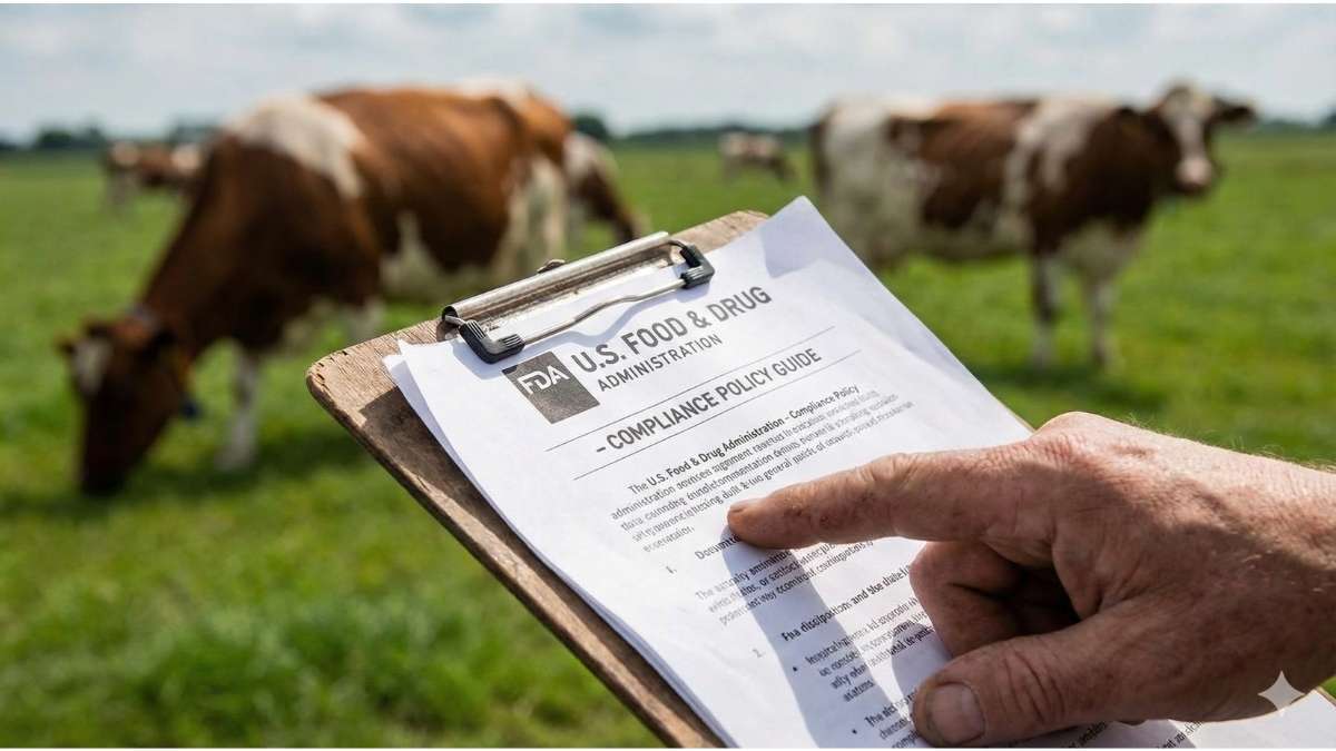 FDA legal documents held in front of a green cow pasture