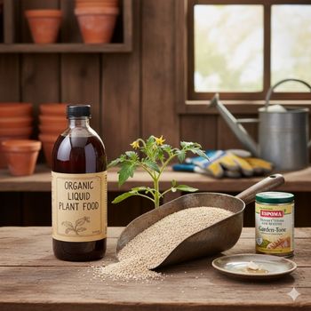 Comparing granular organic plant food and liquid organic plant food for garden use.