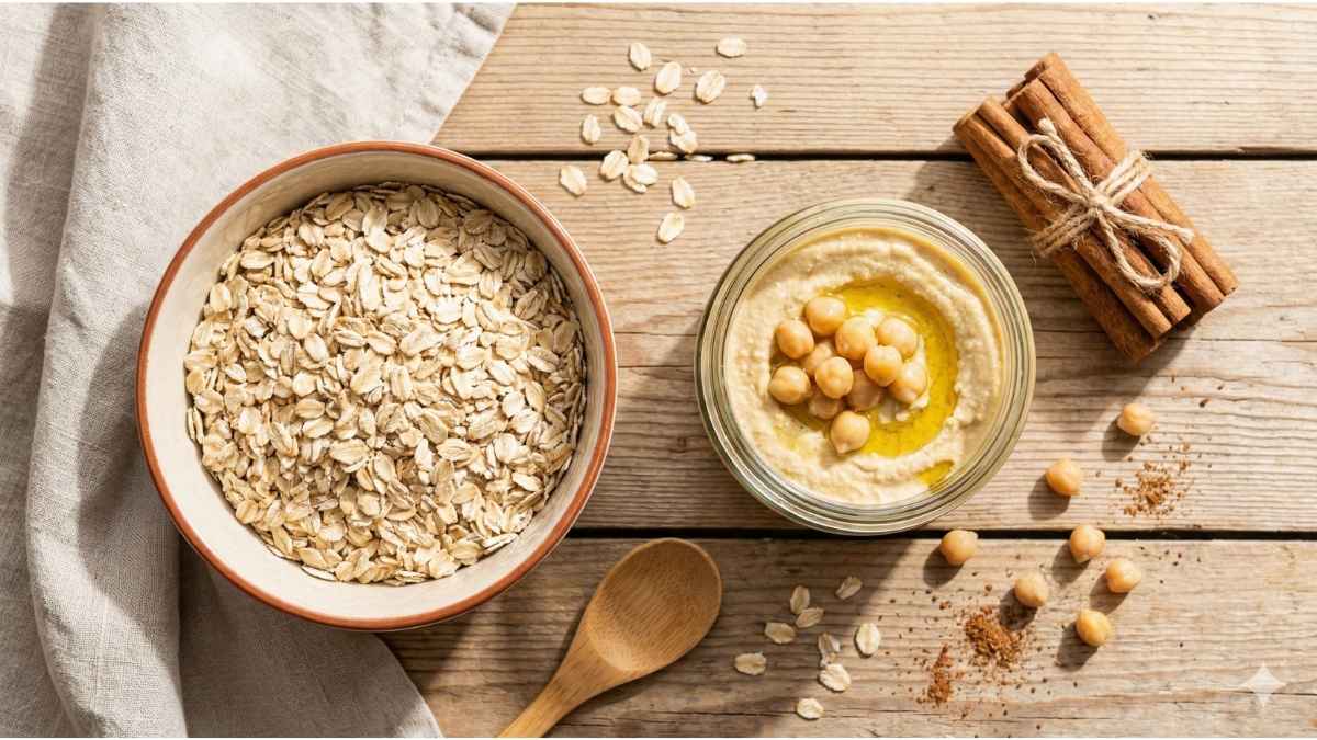 Bowl of oats, hummus, and cinnamon sticks on a wooden table, representing foods high in glyphosate residues.