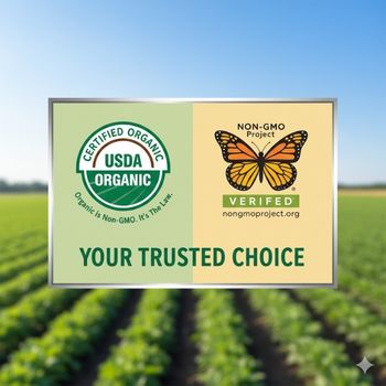 Dual certification showing the USDA Organic seal and the Non-GMO Project Verified butterfly, explaining can organic food be GMO.
