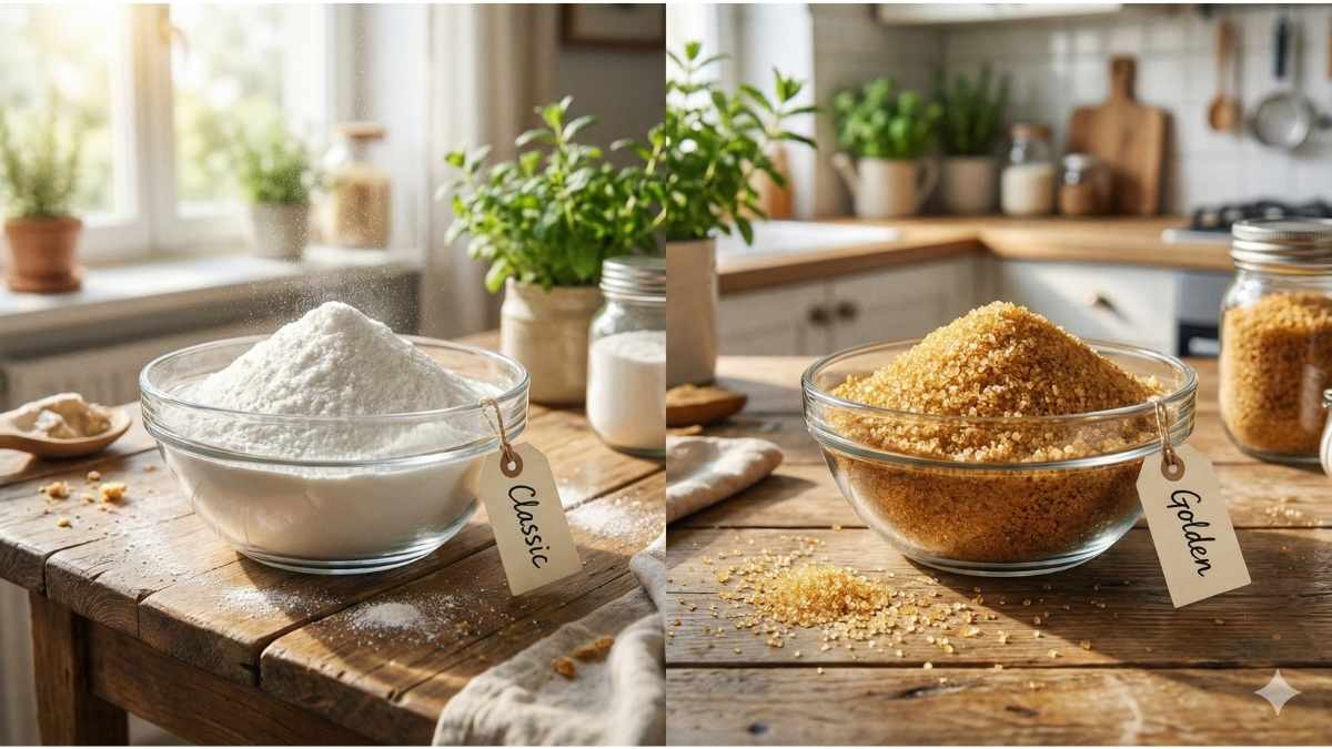 : Comparison of white vs golden monk fruit sweetener granules on a wooden table. : Comparison of white vs golden monk fruit sweetener granules on a wooden table.