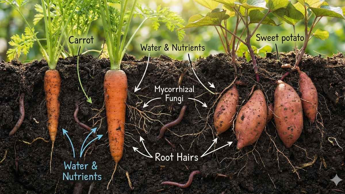 Cross-section of organic soil showing root vegetables absorbing natural heavy metals like lead and arsenic.