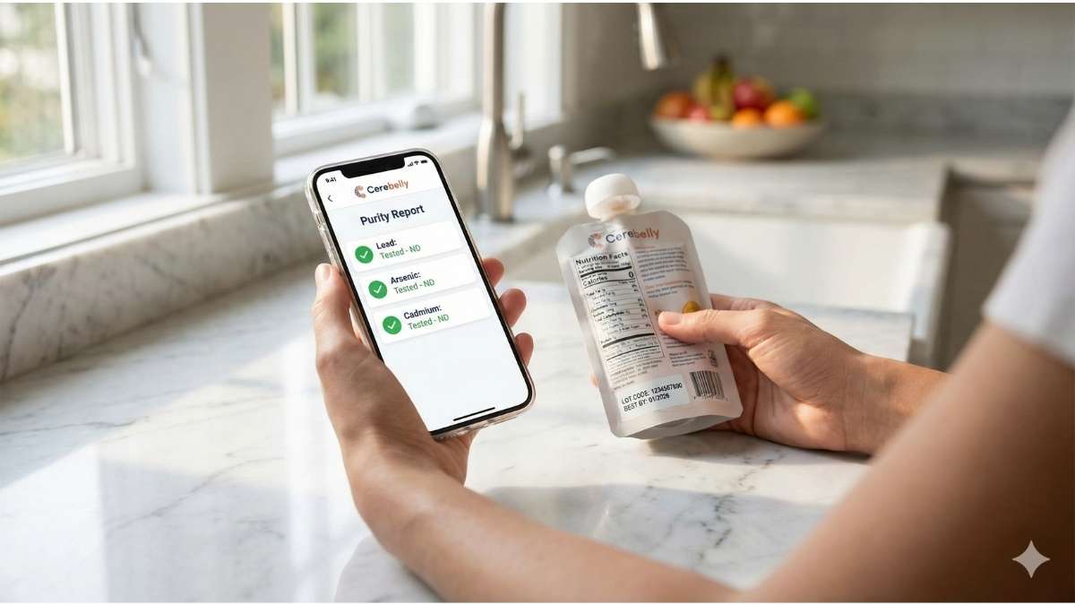 Parent checking Cerebelly heavy metal test results on smartphone using lot code lookup