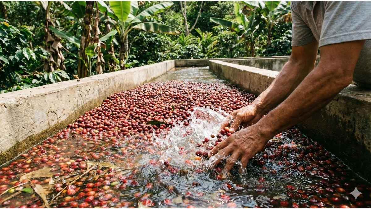 Wet processed coffee beans in water channel removing fruit pulp to prevent mold.