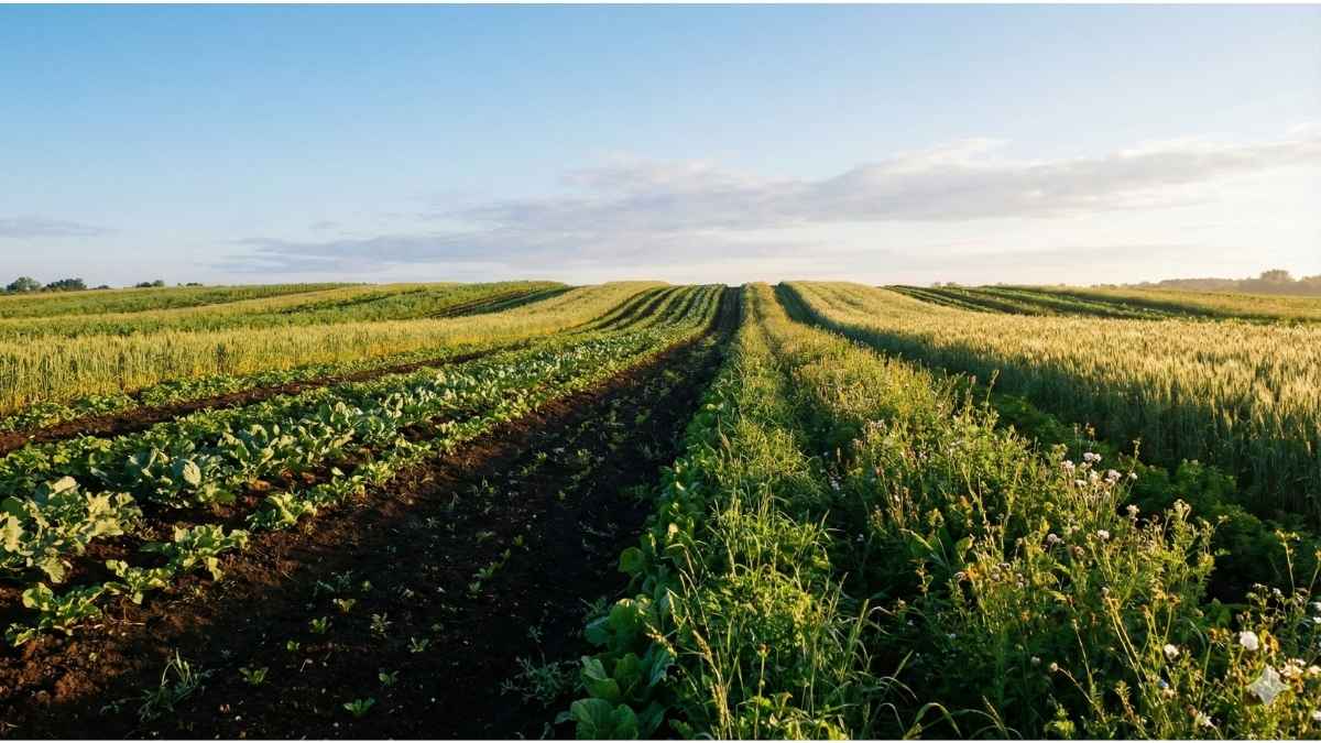 anoramic view of a successful, thriving regenerative farm showcasing the principles behind 100% USDA organic food label requirements.
