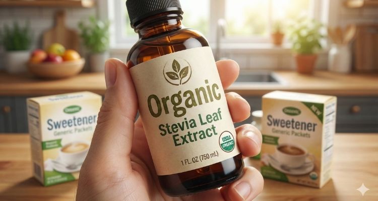 Organic liquid stevia bottle in a healthy kitchen, highlighting the choice of stevia without erythritol.