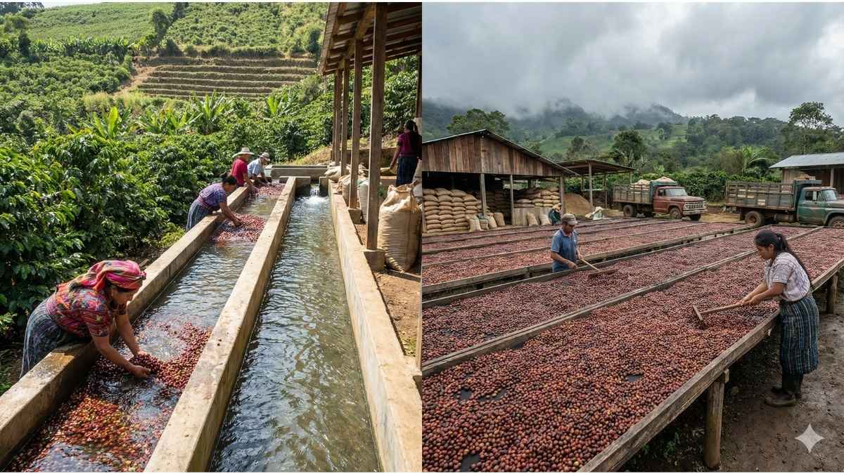 Comparison of wet washed coffee processing versus dry natural processing