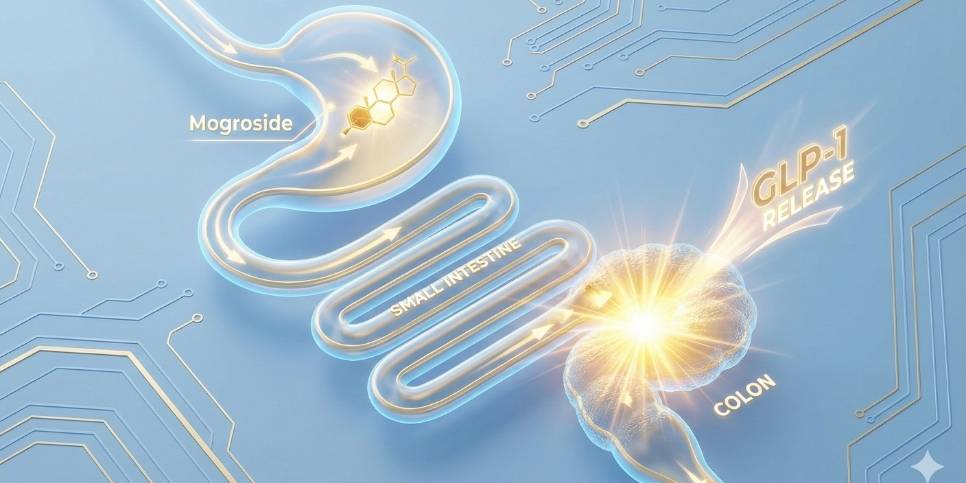 Diagram showing how monk fruit digestion stimulates GLP-1 secretion for weight loss benefits.