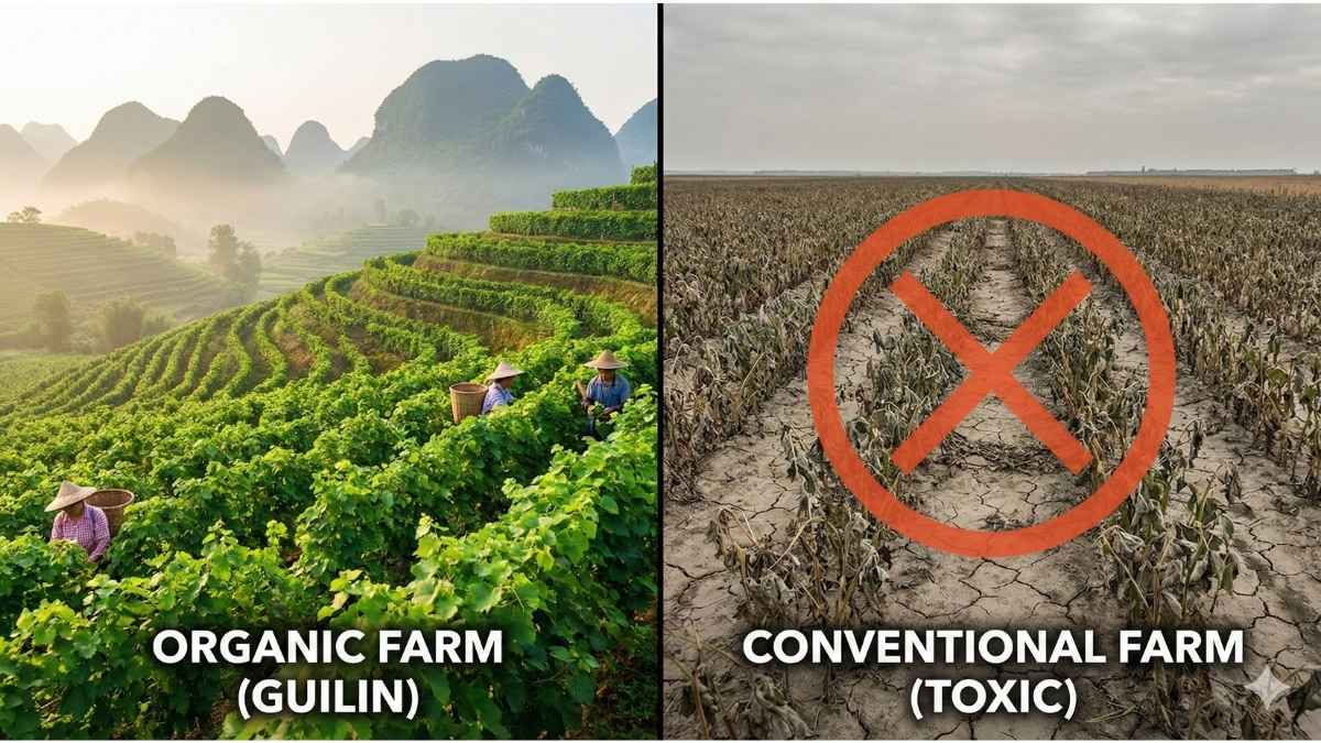Comparison of healthy organic monk fruit farming versus pesticide-laden conventional farming risks. Comparison of healthy organic monk fruit farming versus pesticide-laden conventional farming risks.