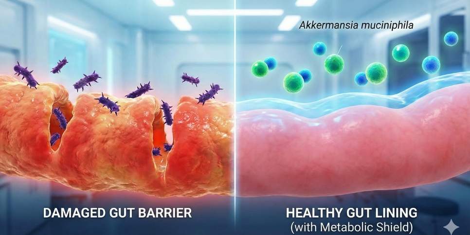Illustration showing how pure monk fruit benefits gut health by feeding Akkermansia bacteria and strengthening the intestinal wall.