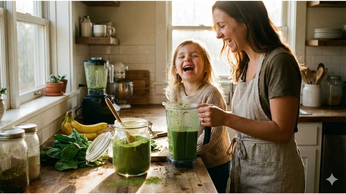 Mother and child enjoying the benefits of moringa for women and family health in a smoothie. Mother and child enjoying the benefits of moringa for women and family health in a smoothie.