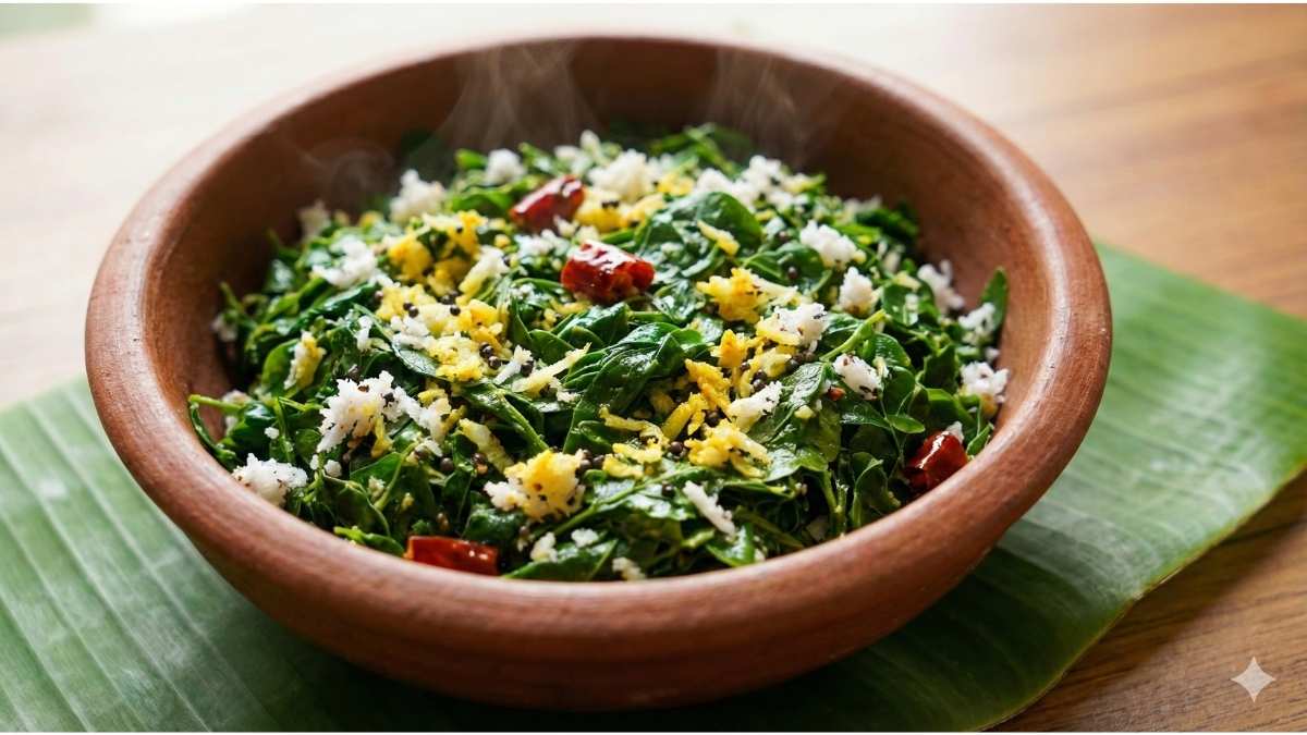 Traditional South Indian Moringa leaf stir-fry dish with coconut and spices in a clay bowl.