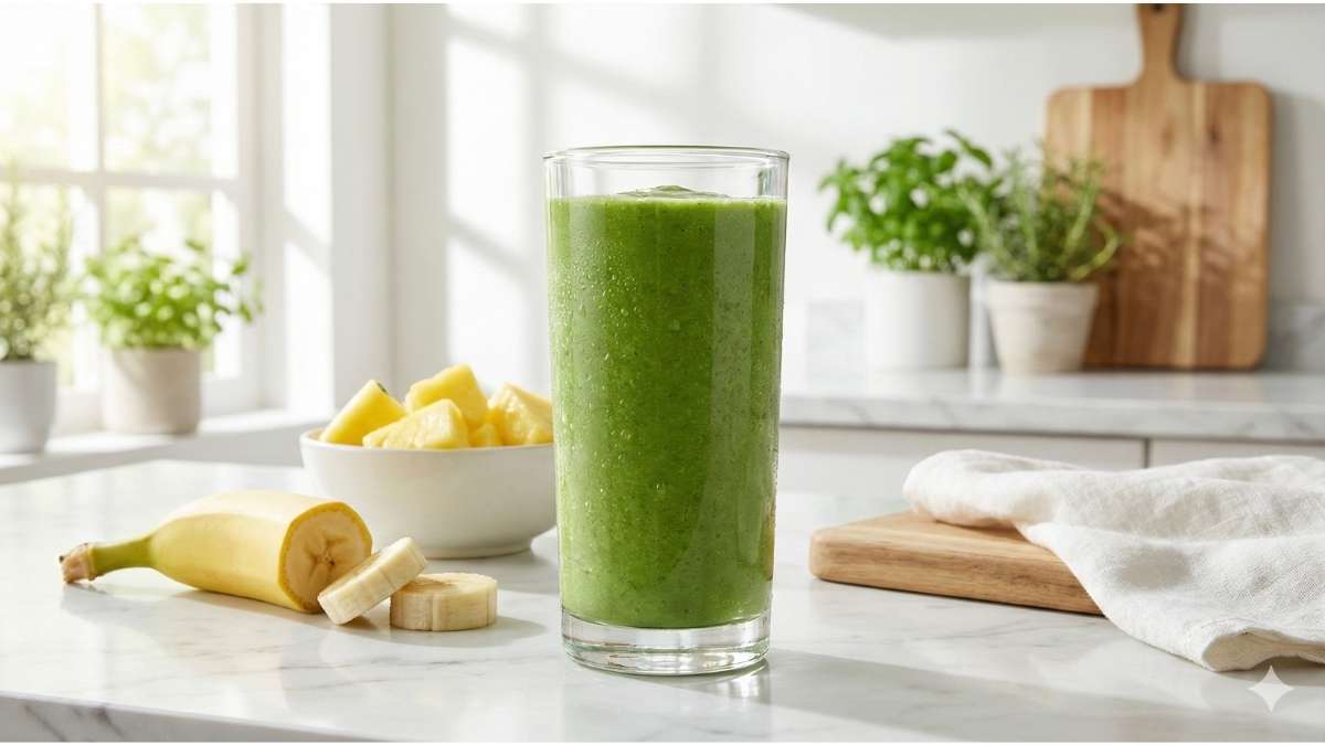 Green moringa smoothie with banana and pineapple ingredients for masking earthy taste.