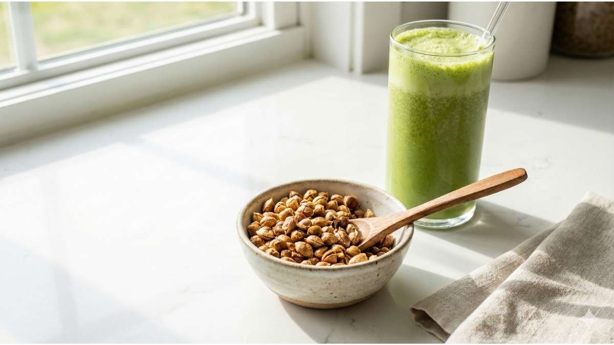 Golden roasted moringa seeds in a bowl next to a green smoothie.