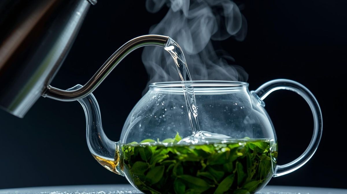 Hot water being poured into a glass teapot to brew moringa tea from dried leaves, showing the proper preparation method. Hot water being poured into a glass teapot to brew moringa tea from dried leaves, showing the proper preparation method.
