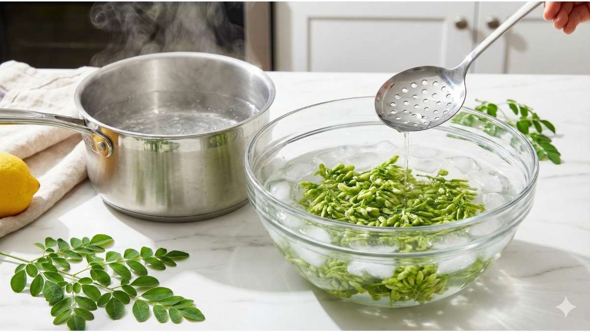 Blanching Moringa flowers in boiling water and transferring to an ice bath to remove bitterness.
