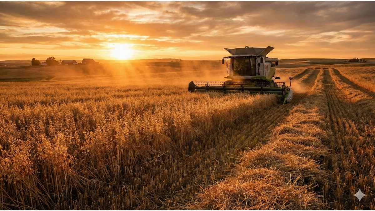 Golden oat field showing mechanical swathing harvest method as a safe alternative to chemical desiccation spraying.