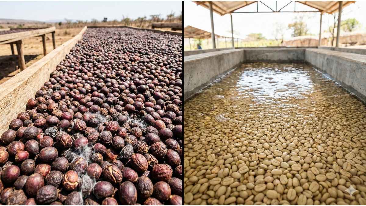 Comparison of dried coffee cherries (Natural Process) vs clean beans in water tank (Washed Process)