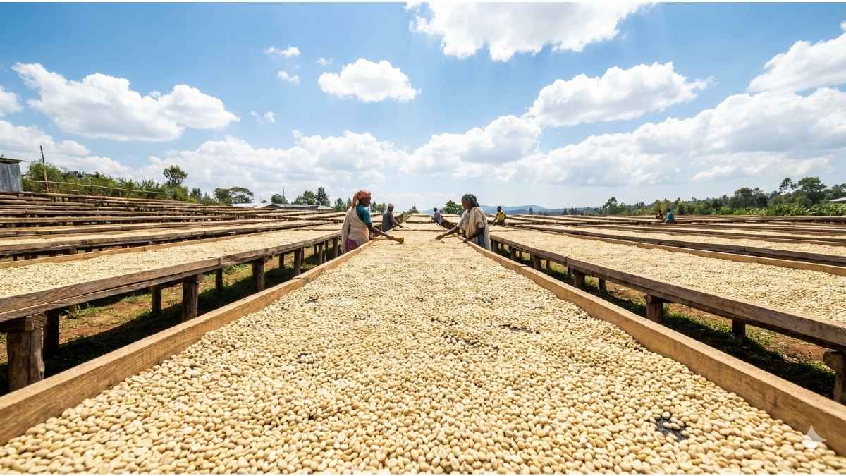 Washed process coffee beans drying on raised beds in Ethiopia to prevent mold.