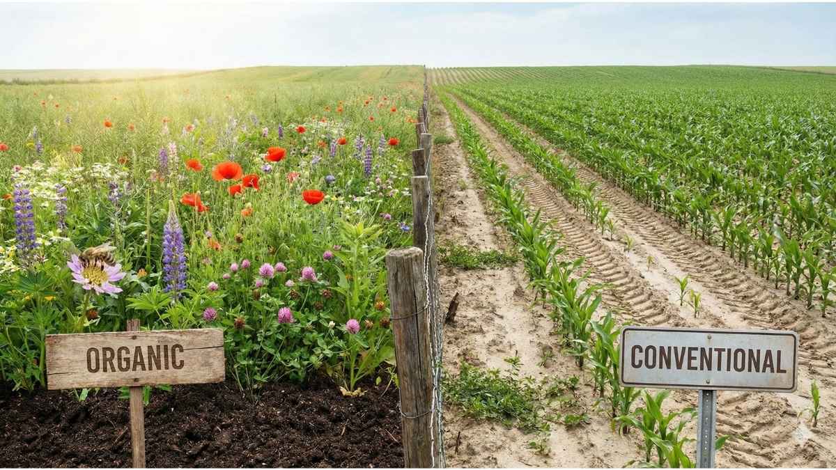 Panoramic image showing the environmental trade-off between GMO vs Organic Food: vibrant, biodiverse organic field on the left and efficient, single-crop conventional field on the right, highlighting differences in soil health and land use.