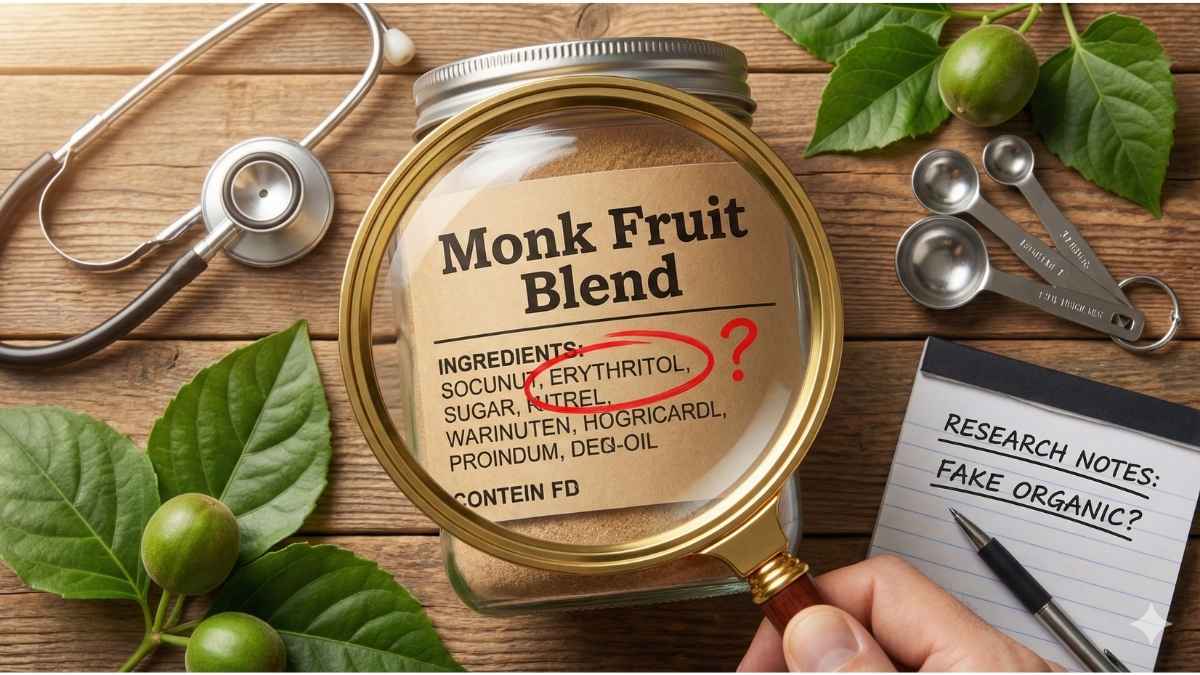 Magnifying glass revealing erythritol fillers in a best monk fruit sweetener blend. Magnifying glass revealing erythritol fillers in a best monk fruit sweetener blend.