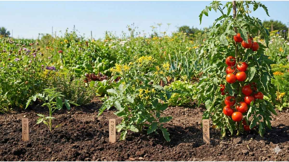 Three stages of a vibrant organic tomato plant (seedling, flowering, and fruiting) illustrating the optimal staged feeding guide for organic plant food.