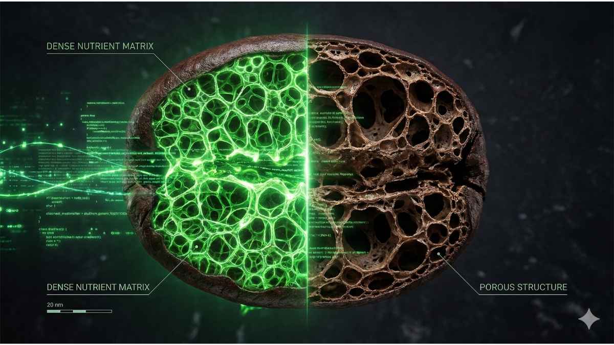 Macro shot showing cellular density of organic vs conventional coffee beans