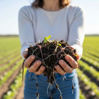 Farmer's hands holding healthy organic soil, emphasizing the environmental impact of organic food.