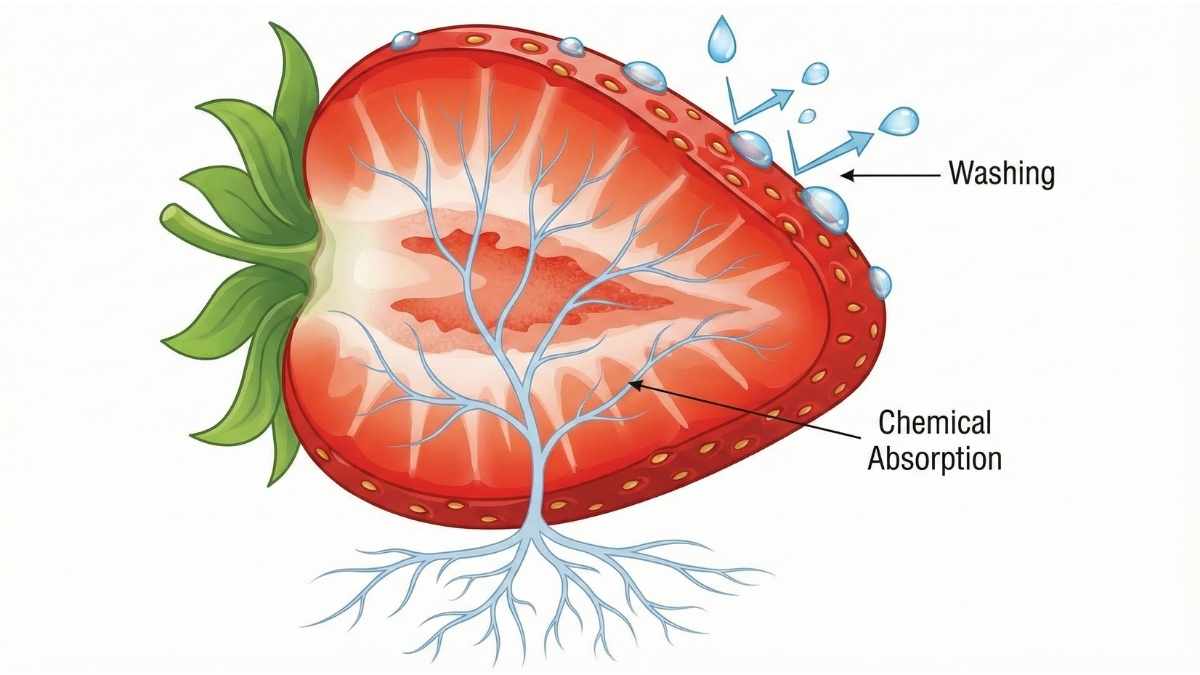 Cross-section of a strawberry showing systemic pesticides inside the fruit that cannot be washed off. Cross-section of a strawberry showing systemic pesticides inside the fruit that cannot be washed off.