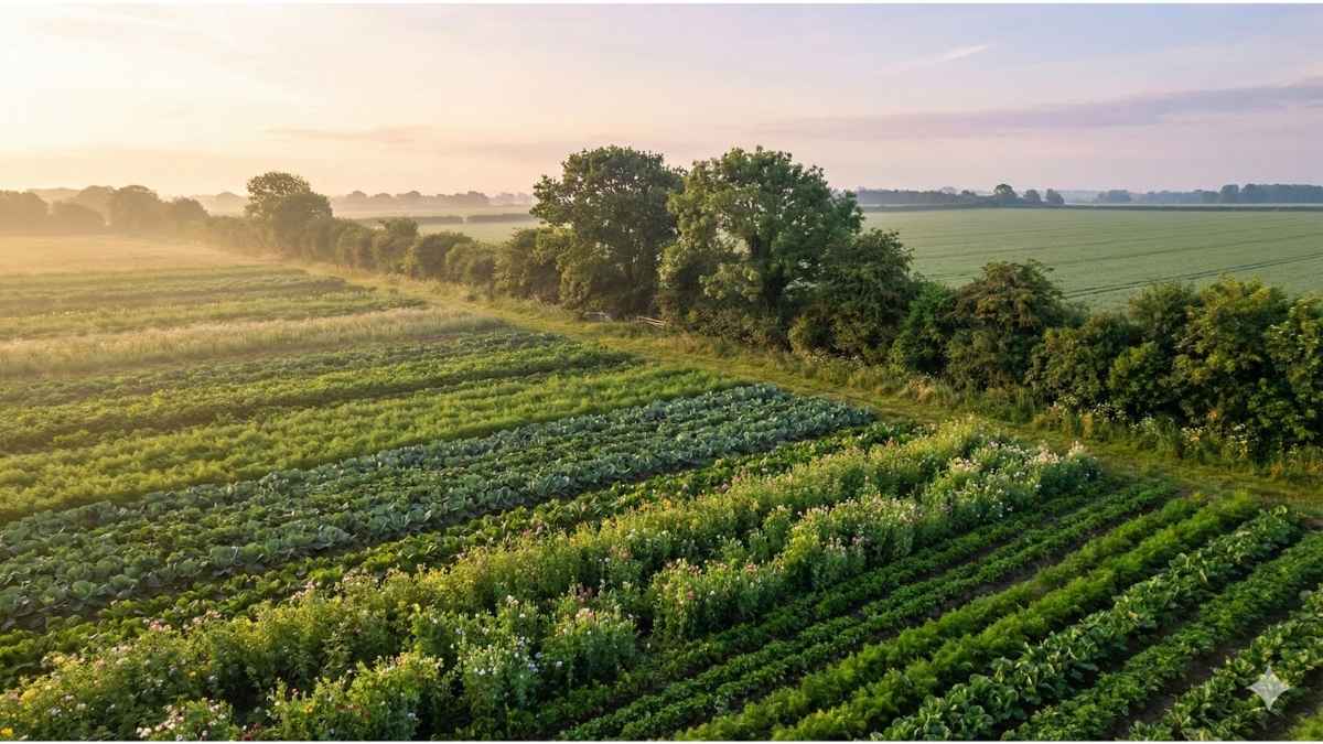 A scenic organic farm field showing natural buffers against genetic drift.