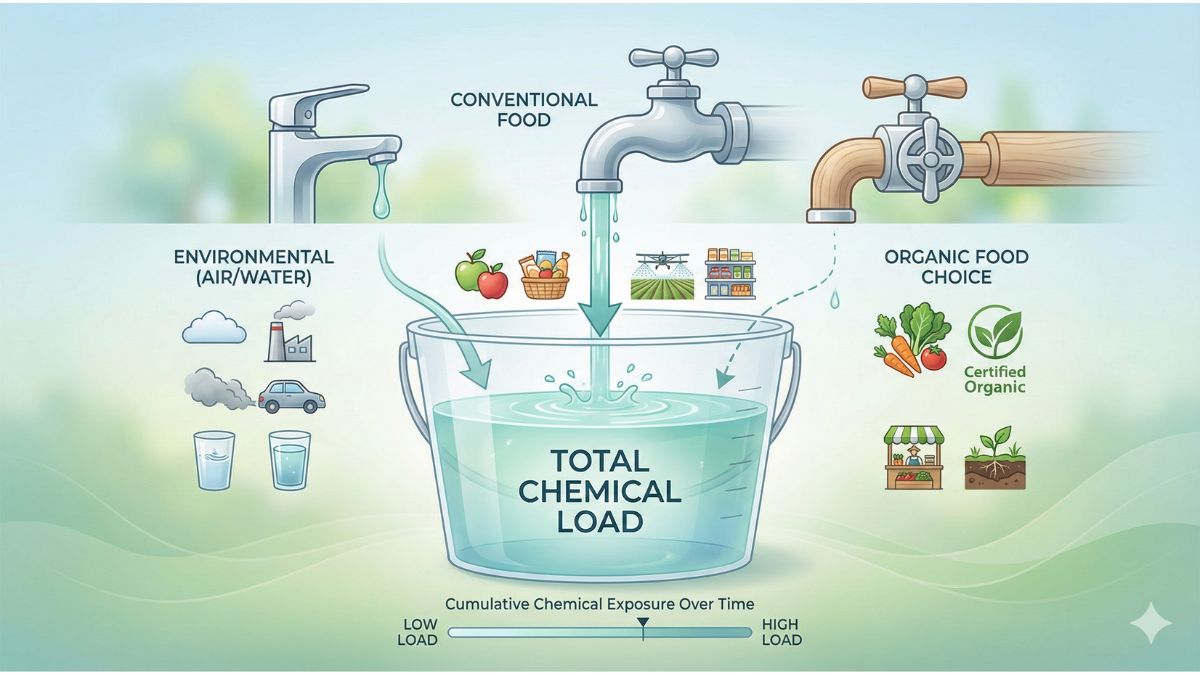 Conceptual visualization of the Total Chemical Load. Three faucets drip into a bucket: Environmental, Conventional Food (dripping rapidly), and Organic Food Choice (shut off), illustrating how choosing organic significantly reduces dietary chemical exposure