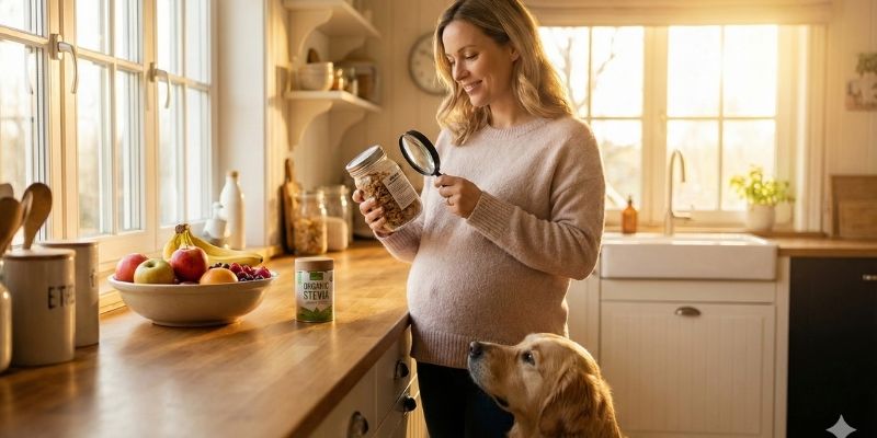 Pregnant woman checking ingredients label for organic stevia to ensure safety for herself and her dog.
