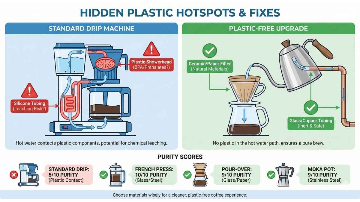 Infographic comparing plastic hotspots in standard drip machines against plastic-free upgrades like glass pour-over and stainless steel moka pots with purity scores.