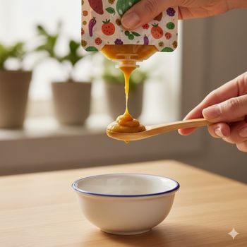 Actionable advice: Squeezing the contents of organic baby food pouches onto a spoon to promote proper oral motor development. Actionable advice: Squeezing the contents of organic baby food pouches onto a spoon to promote proper oral motor development.
