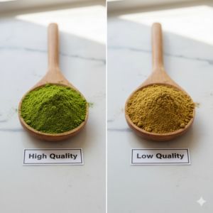 A powerful comparison photo. On the left, a wooden spoon holds a pile of vibrant, emerald green moringa powder. On the right, an identical wooden spoon holds a pile of dull, brownish-yellow moringa powder. The labels 'High Quality' and 'Low Quality' are clearly visible.