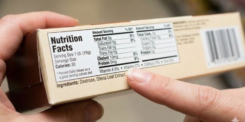 Reading the ingredients label to identify dextrose fillers in stevia packets. Reading the ingredients label to identify dextrose fillers in stevia packets.