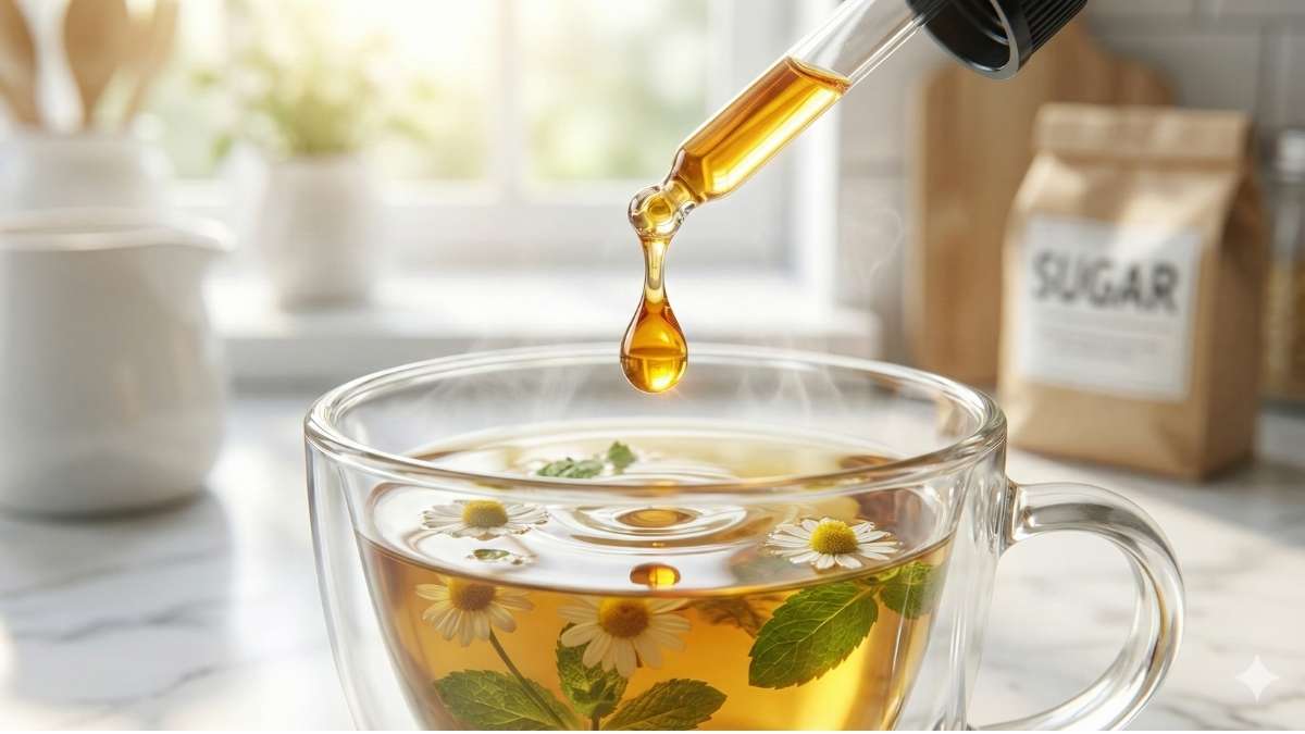 Pure liquid monk fruit drops in glass dropper amber extract sugar free sweetener for tea and coffee.