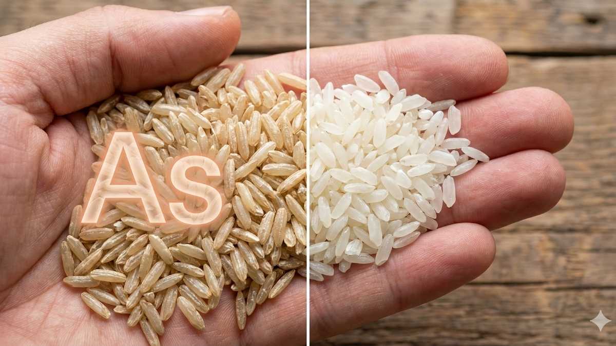 Visual comparison of brown rice and white rice, illustrating why arsenic accumulates more in brown rice bran and how to reduce arsenic in rice. Visual comparison of brown rice and white rice, illustrating why arsenic accumulates more in brown rice bran and how to reduce arsenic in rice.