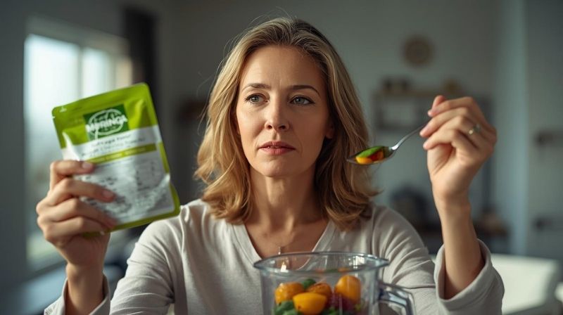 A woman confidently reads the label of a moringa powder supplement in her kitchen, making an informed health choice. A woman confidently reads the label of a moringa powder supplement in her kitchen, making an informed health choice.