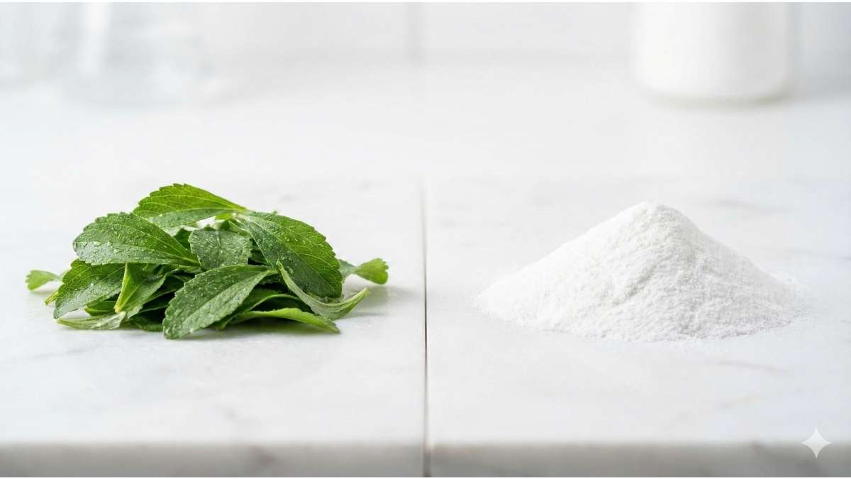 Comparing natural stevia leaves to fast-breaking maltodextrin fillers.