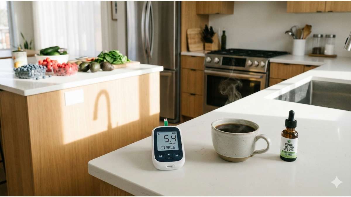 Digital blood glucose monitor showing stable levels with keto-friendly stevia.