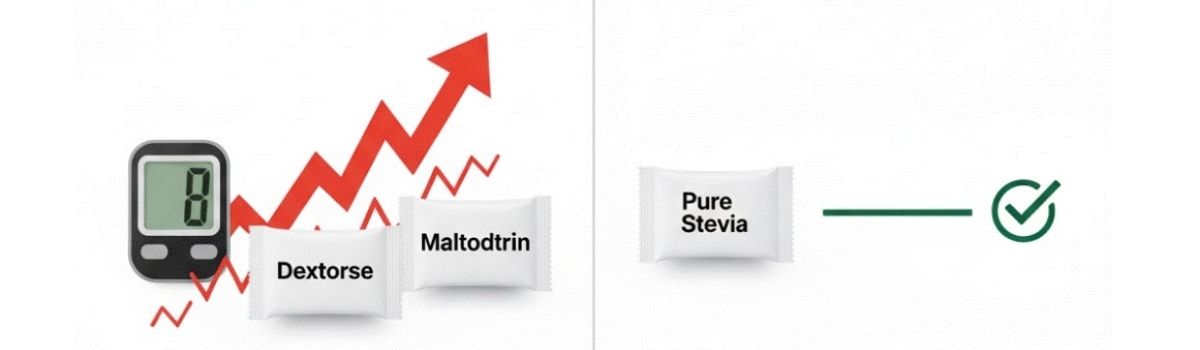 Graphic showing high blood sugar spike caused by maltodextrin and dextrose in powdered stevia blends, clarifying does stevia raise blood sugar. Graphic showing high blood sugar spike caused by maltodextrin and dextrose in powdered stevia blends, clarifying does stevia raise blood sugar.
