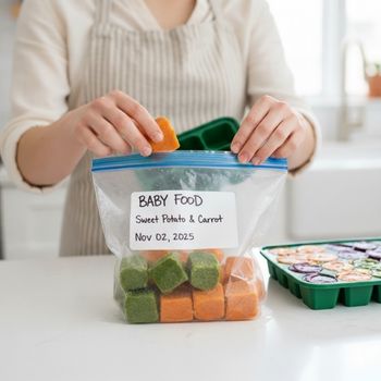 Close-up of safe and efficient long-term best organic baby food preparation and storage using freezer bags and portion-sized cubes. Close-up of safe and efficient long-term best organic baby food preparation and storage using freezer bags and portion-sized cubes.