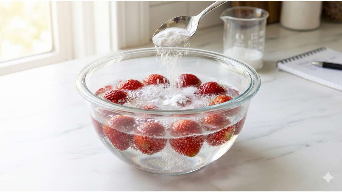 Soaking strawberries in a baking soda and water solution to remove pesticides.