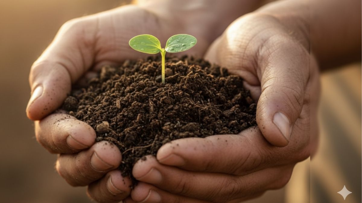 A farmer's hands holding rich, dark soil, representing the 'Soil Promise' in the USDA guidelines for organic food.