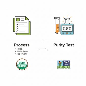Visual comparison of the two standards: USDA Organic is the process-based certification versus the Non-GMO Project Verified testing and the 0.9% action threshold.